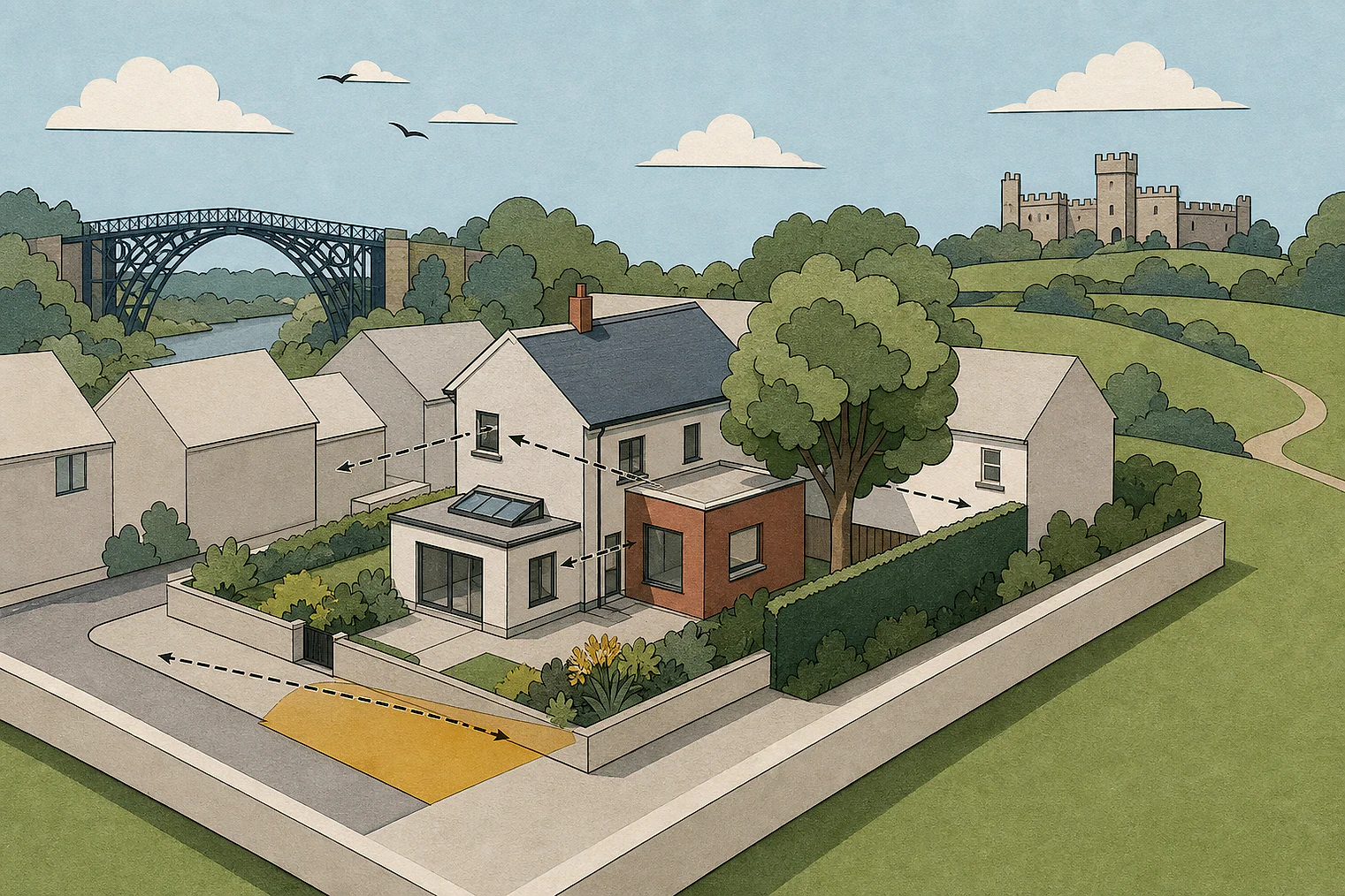 Cut-paper planning illustration for Telford & Wrekin, showing extensions, neighbours, access and open land near simplified local landmarks.
