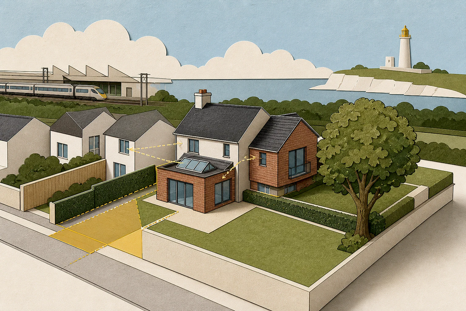 Cut-paper planning illustration for Tendring, showing extensions, neighbours, access and open land near simplified local landmarks.