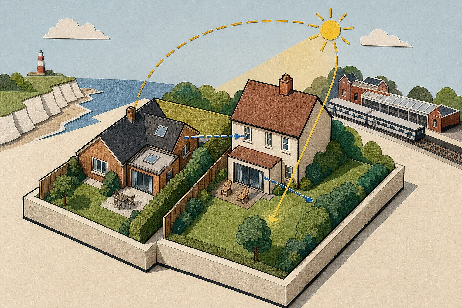Cut-paper illustration of an imaginary privacy, daylight and neighbour living conditions planning issue in Tendring, with simplified local landmarks.