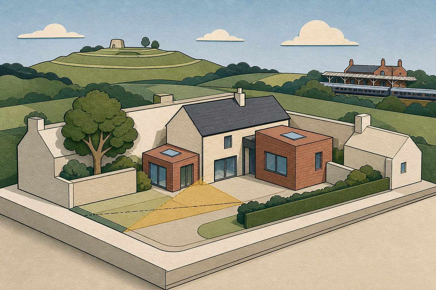 Cut-paper planning illustration for Test Valley, showing extensions, neighbours, access and open land near simplified local landmarks.