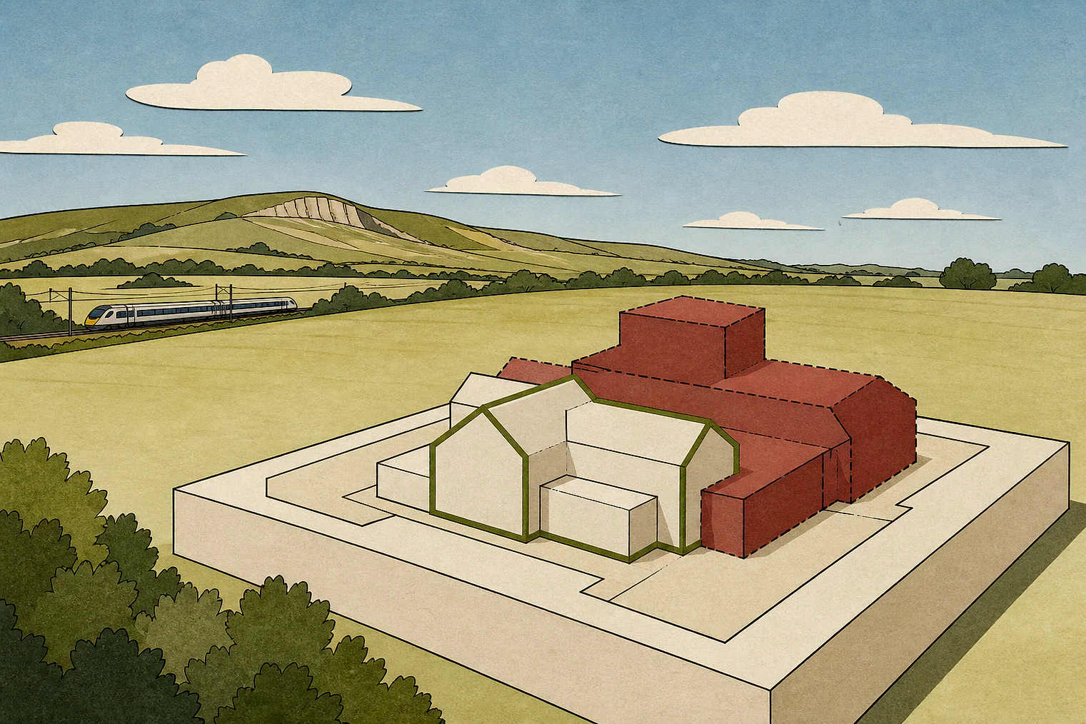 Cut-paper illustration of an imaginary building scale and Green Belt openness planning issue in Tewkesbury, with simplified local landmarks.