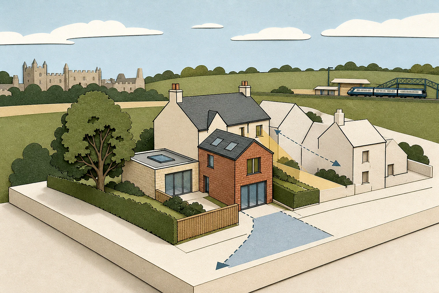 Cut-paper planning illustration for Tewkesbury, showing extensions, neighbours, access and open land near simplified local landmarks.