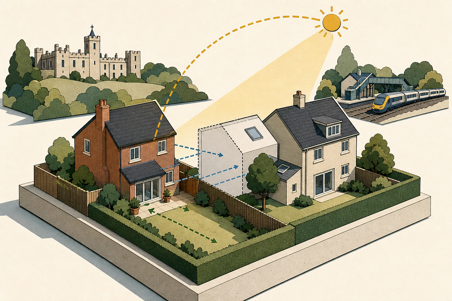 Cut-paper illustration of an imaginary privacy, daylight and neighbour living conditions planning issue in Tewkesbury, with simplified local landmarks.