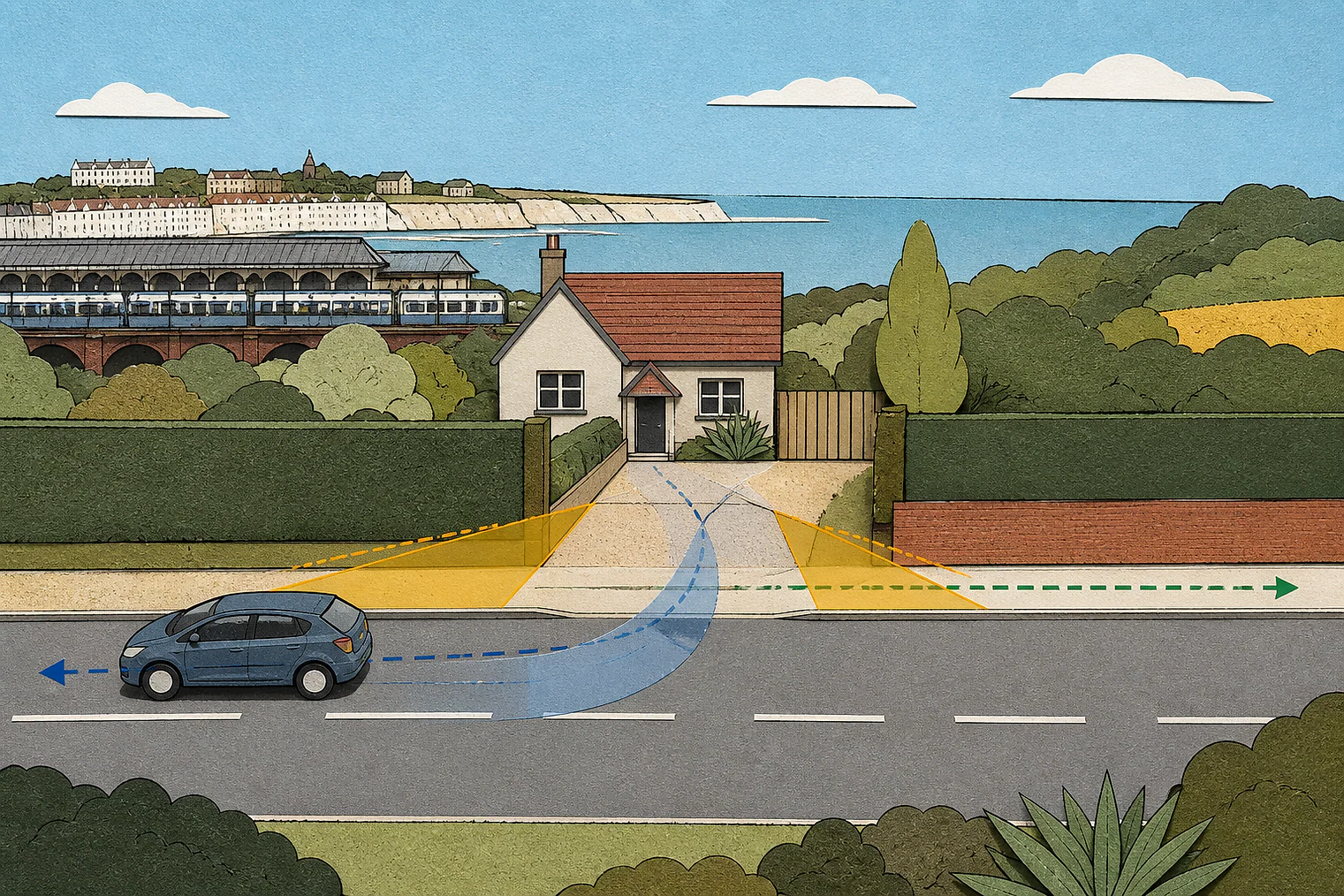 Cut-paper illustration of an imaginary access, visibility and highway safety planning issue in Thanet, with simplified local landmarks.