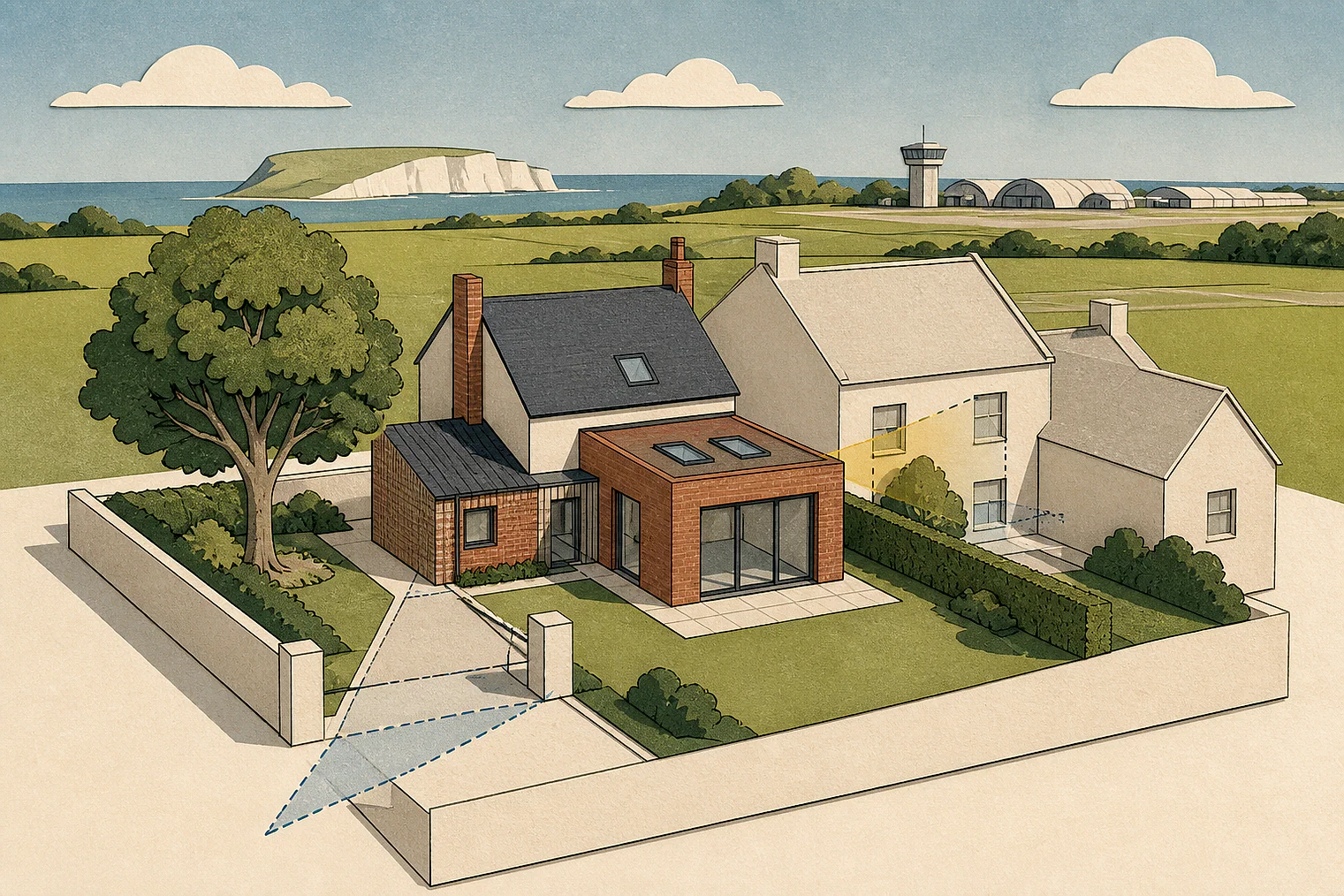 Cut-paper planning illustration for Thanet, showing extensions, neighbours, access and open land near simplified local landmarks.
