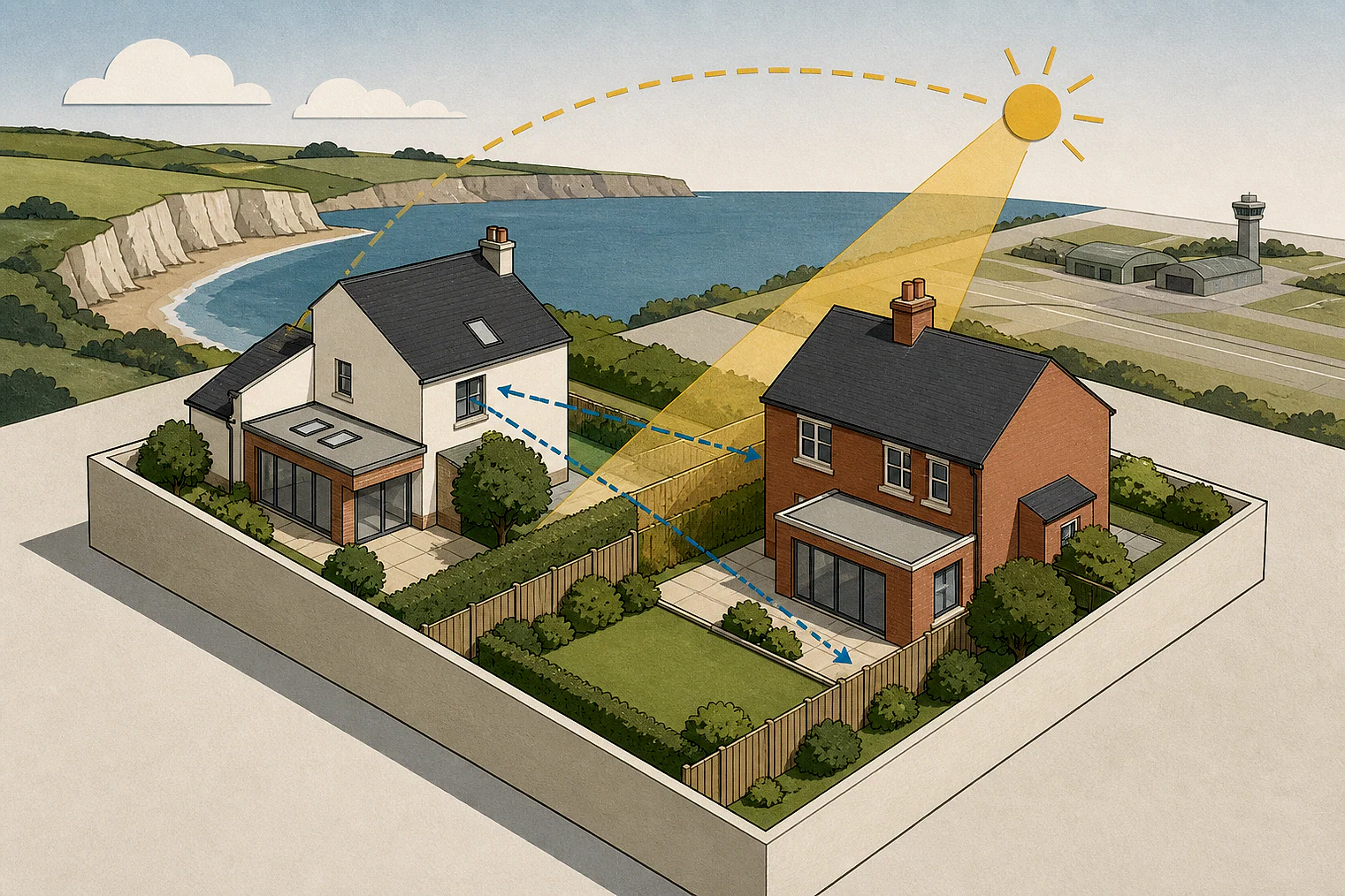 Cut-paper illustration of an imaginary privacy, daylight and neighbour living conditions planning issue in Thanet, with simplified local landmarks.
