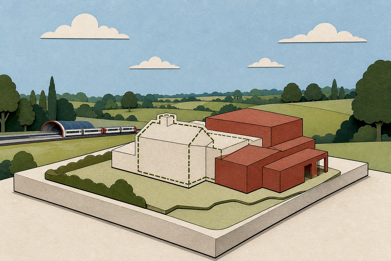 Cut-paper illustration of an imaginary building scale and Green Belt openness planning issue in Three Rivers, with simplified local landmarks.