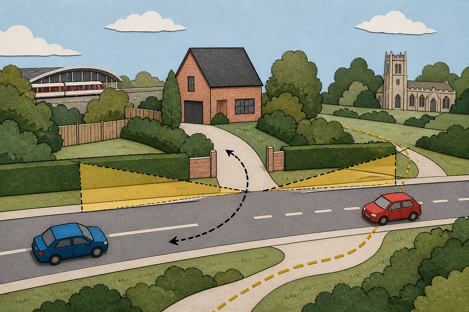 Cut-paper illustration of an imaginary access, visibility and highway safety planning issue in Three Rivers, with simplified local landmarks.