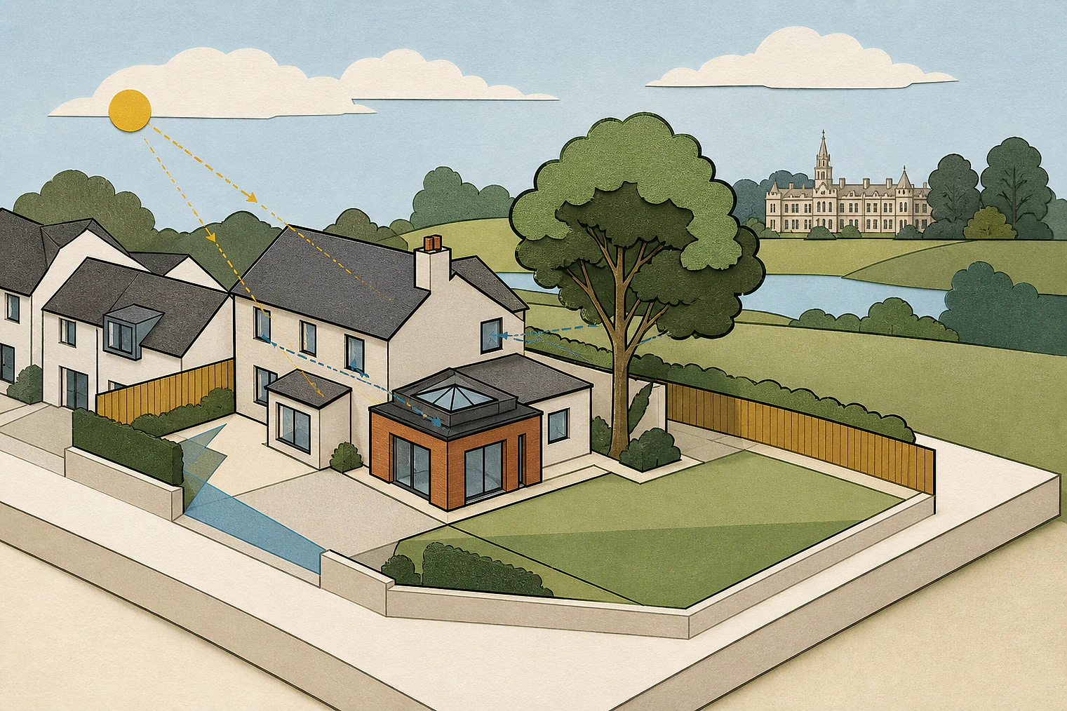 Cut-paper planning illustration for Three Rivers, showing extensions, neighbours, access and open land near simplified local landmarks.