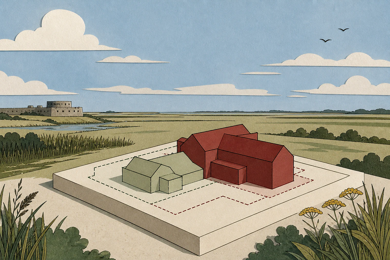 Cut-paper illustration of an imaginary building scale and Green Belt openness planning issue in Thurrock, with simplified local landmarks.