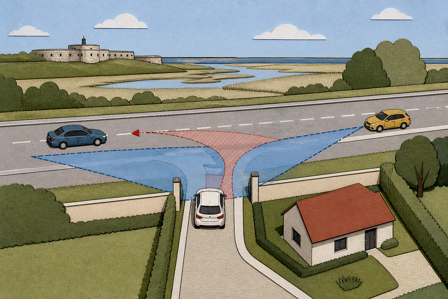 Cut-paper illustration of an imaginary access, visibility and highway safety planning issue in Thurrock, with simplified local landmarks.