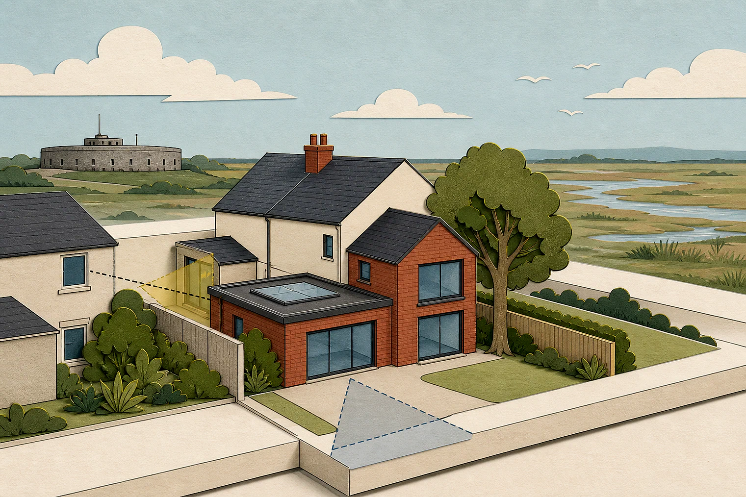 Cut-paper planning illustration for Thurrock, showing extensions, neighbours, access and open land near simplified local landmarks.