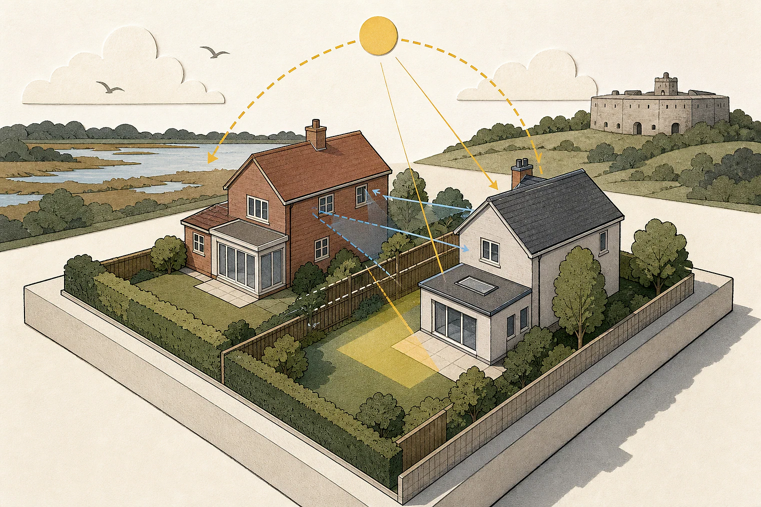Cut-paper illustration of an imaginary privacy, daylight and neighbour living conditions planning issue in Thurrock, with simplified local landmarks.