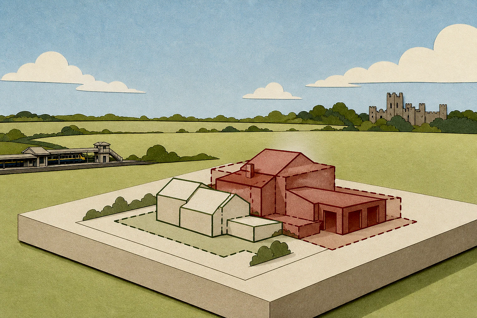 Cut-paper illustration of an imaginary building scale and Green Belt openness planning issue in Tonbridge and Malling, with simplified local landmarks.