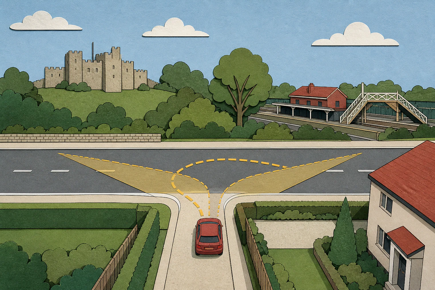 Cut-paper illustration of an imaginary access, visibility and highway safety planning issue in Tonbridge and Malling, with simplified local landmarks.