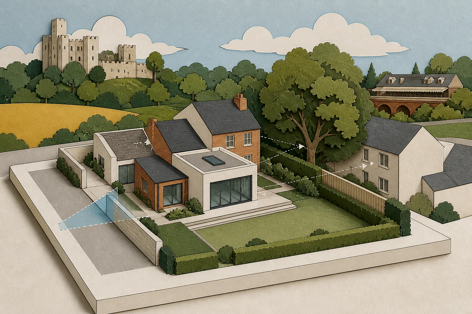 Cut-paper planning illustration for Tonbridge and Malling, showing extensions, neighbours, access and open land near simplified local landmarks.
