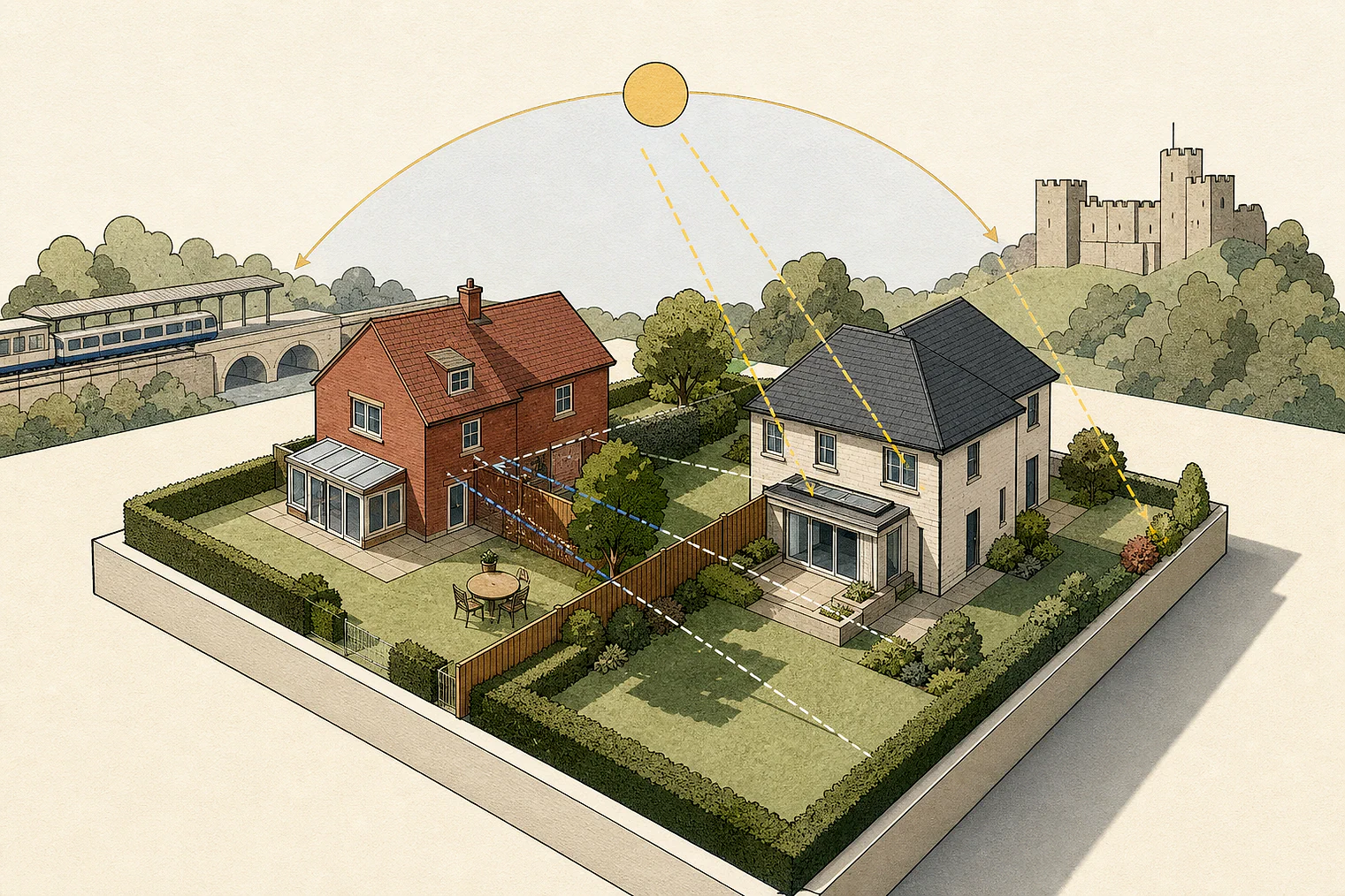 Cut-paper illustration of an imaginary privacy, daylight and neighbour living conditions planning issue in Tonbridge and Malling, with simplified local landmarks.