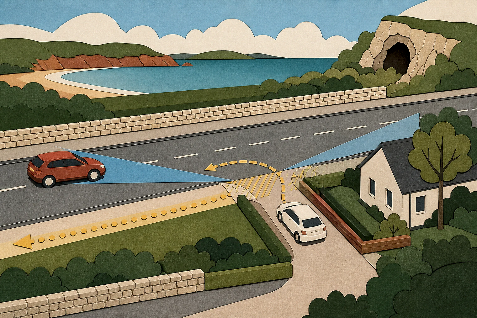 Cut-paper illustration of an imaginary access, visibility and highway safety planning issue in Torbay, with simplified local landmarks.