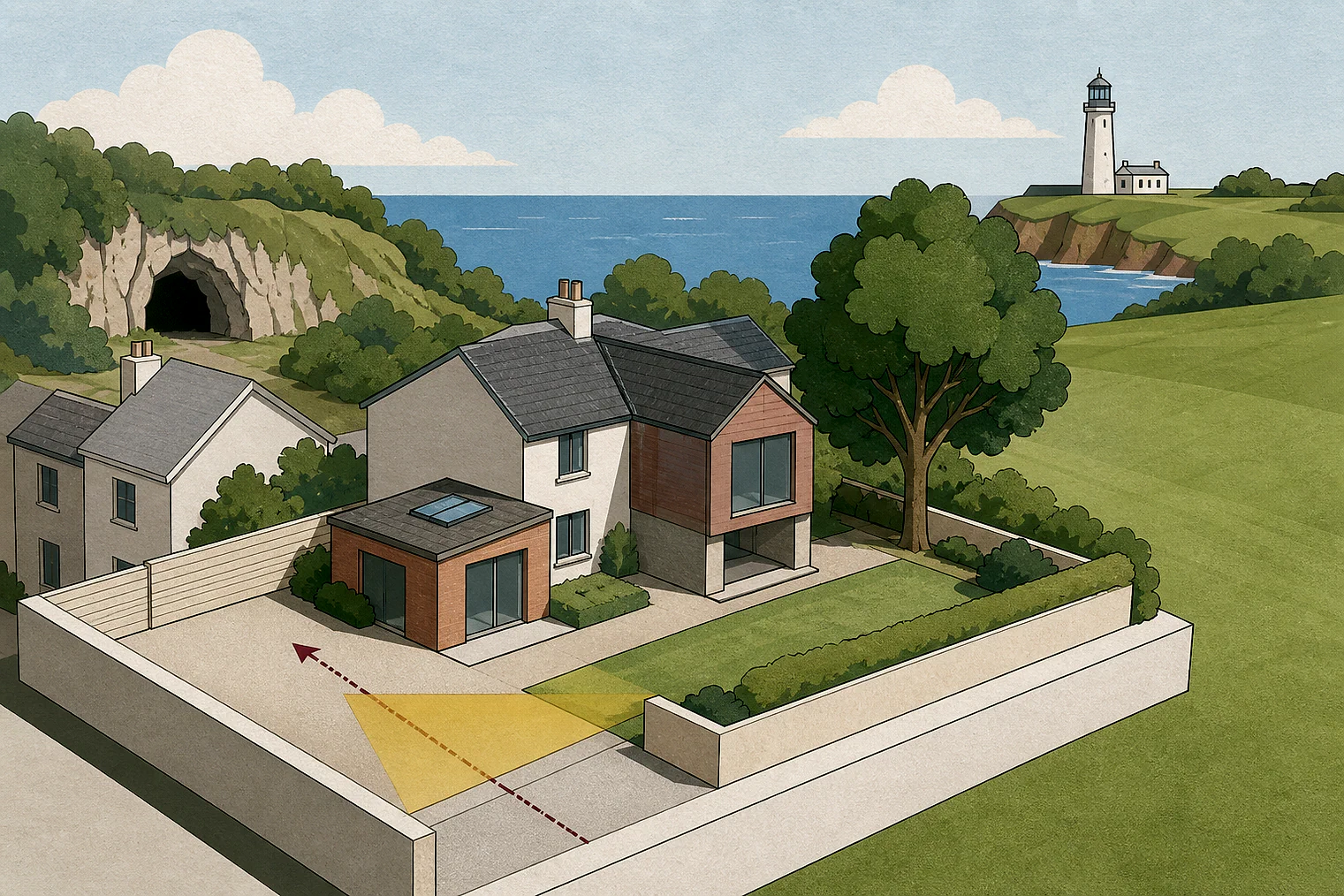 Cut-paper planning illustration for Torbay, showing extensions, neighbours, access and open land near simplified local landmarks.