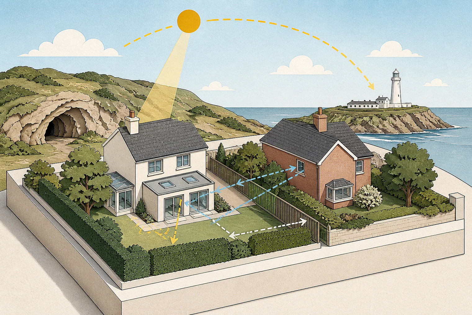 Cut-paper illustration of an imaginary privacy, daylight and neighbour living conditions planning issue in Torbay, with simplified local landmarks.