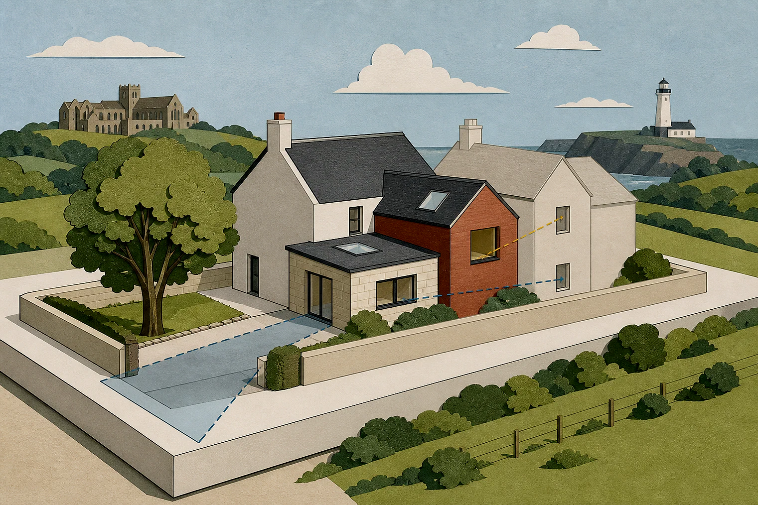 Cut-paper planning illustration for Torridge, showing extensions, neighbours, access and open land near simplified local landmarks.