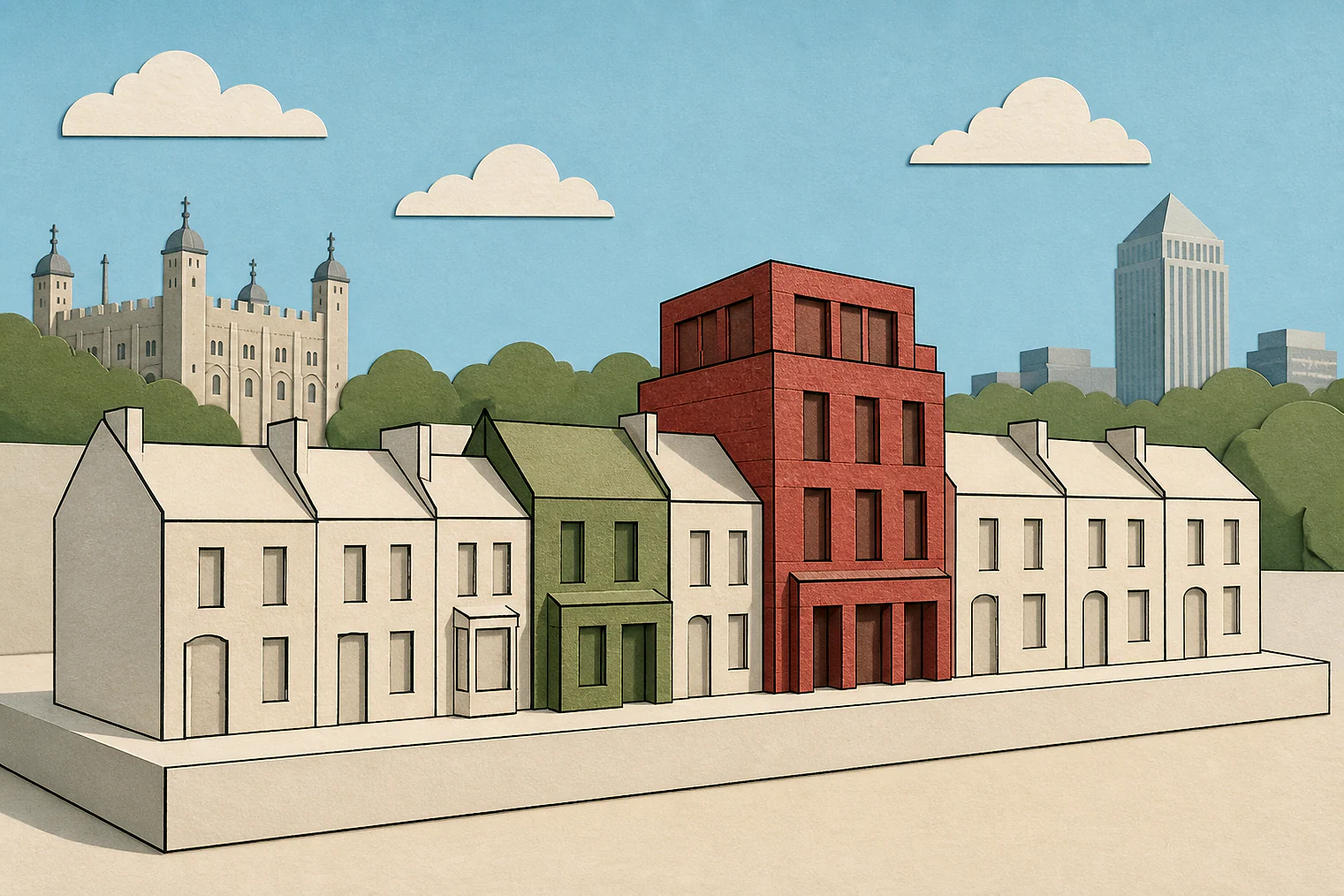 Cut-paper illustration of an imaginary character, scale and appearance planning issue in Tower Hamlets, with simplified local landmarks.