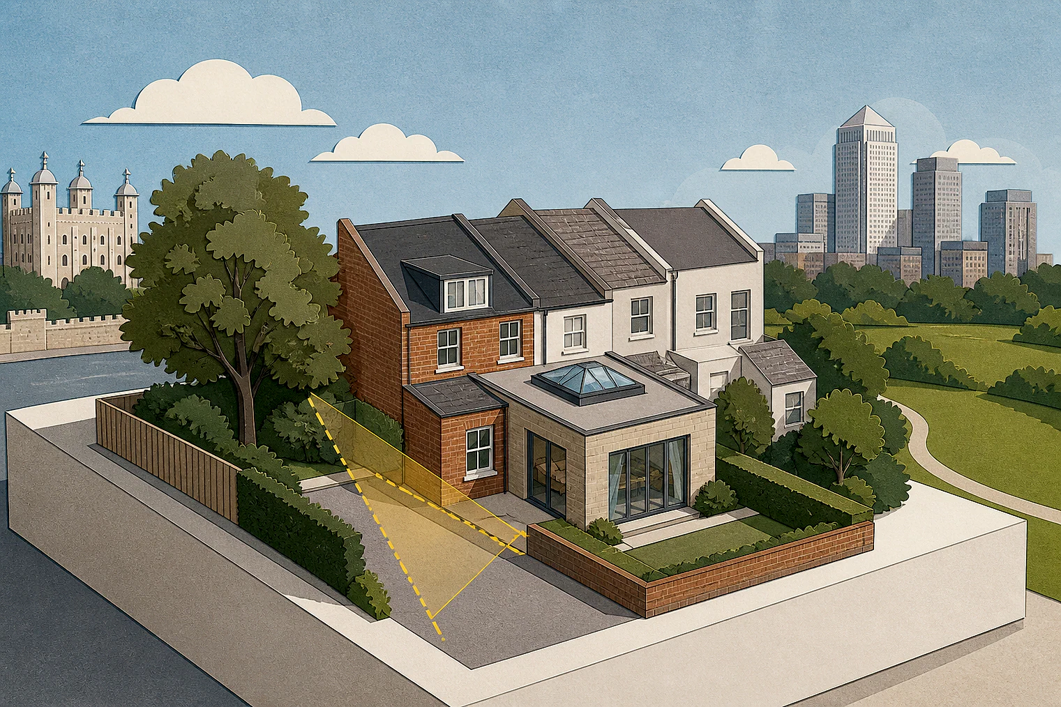 Cut-paper planning illustration for Tower Hamlets, showing extensions, neighbours, access and open land near simplified local landmarks.