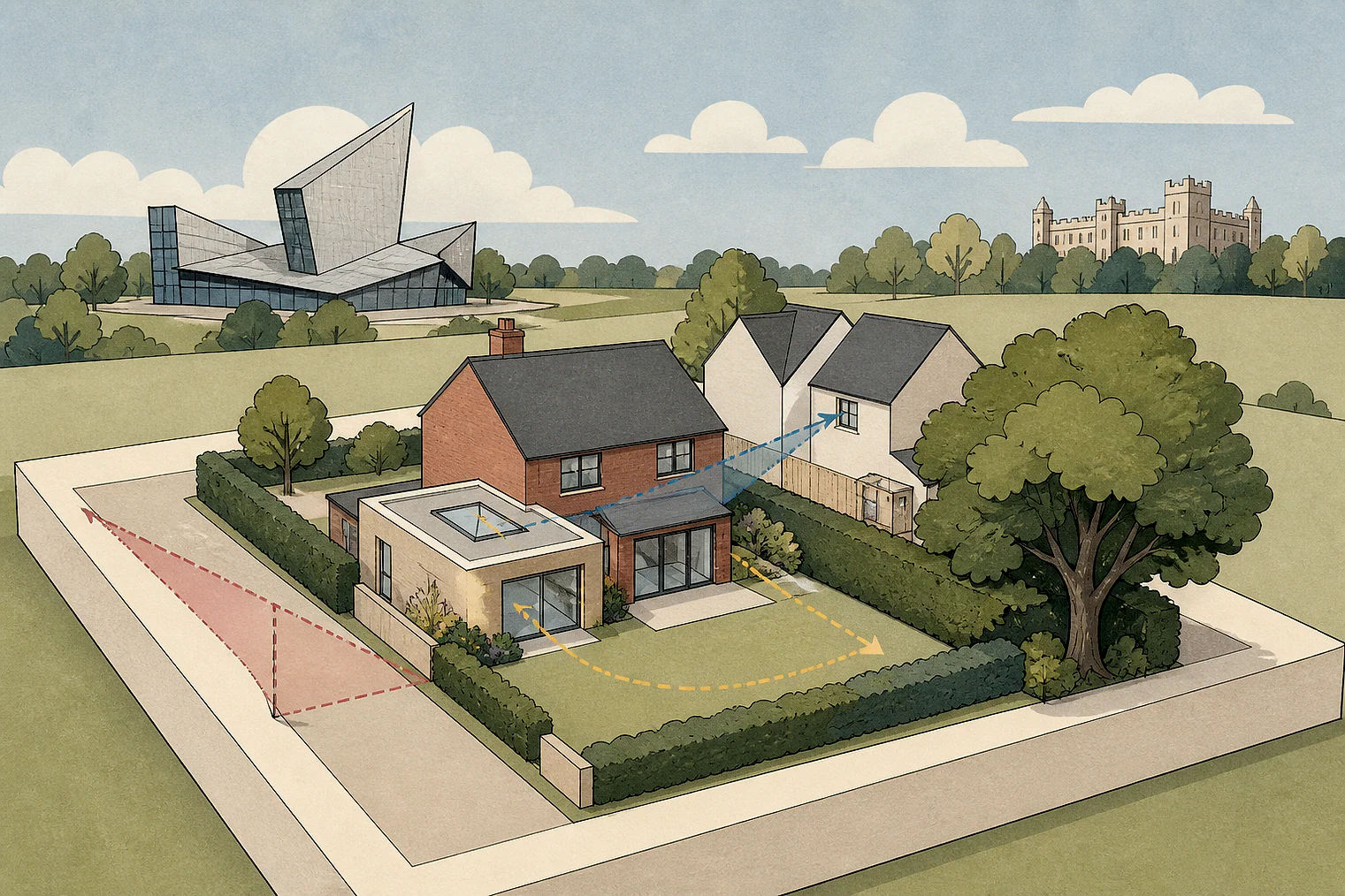 Cut-paper planning illustration for Trafford Metropolitan, showing extensions, neighbours, access and open land near simplified local landmarks.