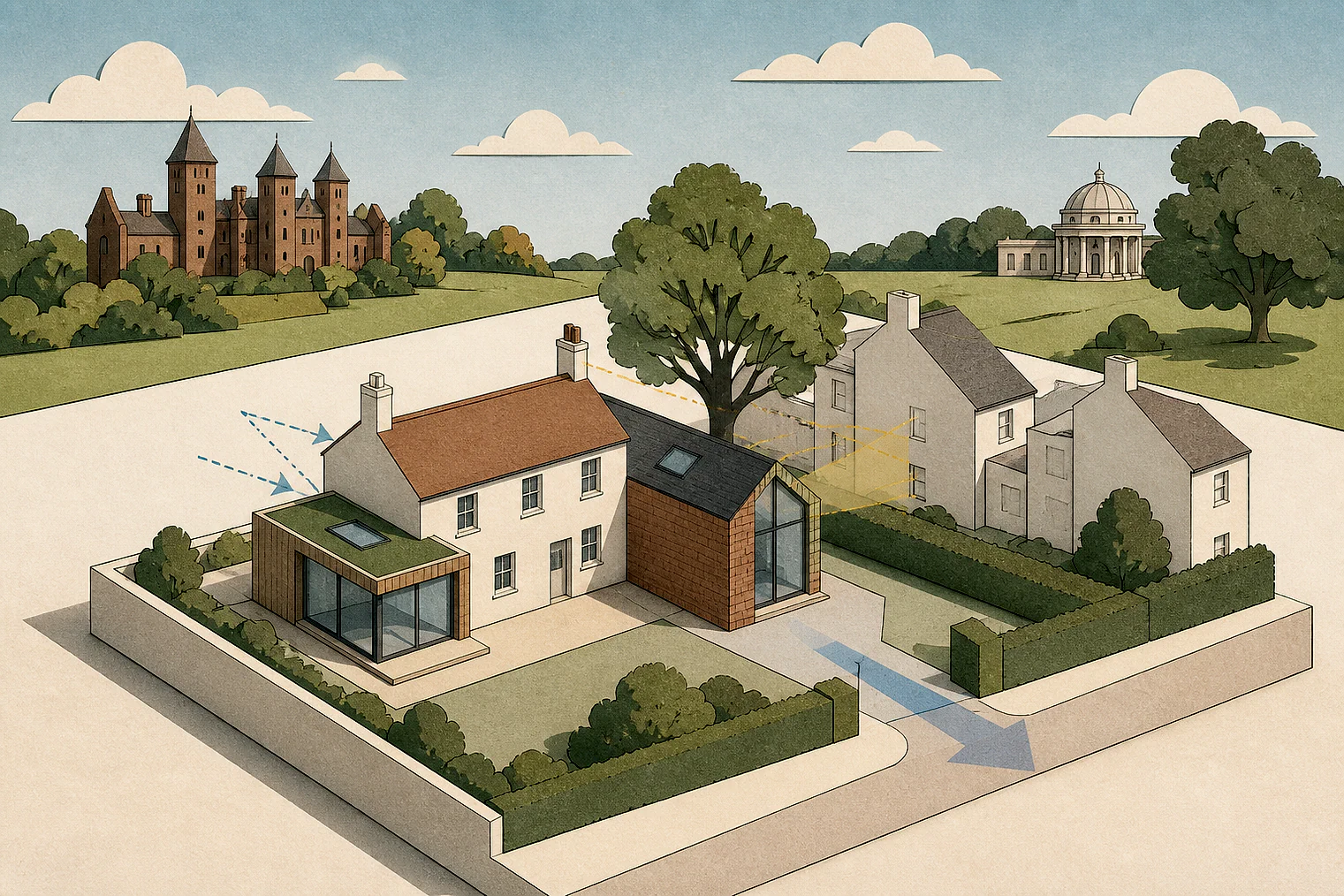 Cut-paper planning illustration for Tunbridge Wells, showing extensions, neighbours, access and open land near simplified local landmarks.