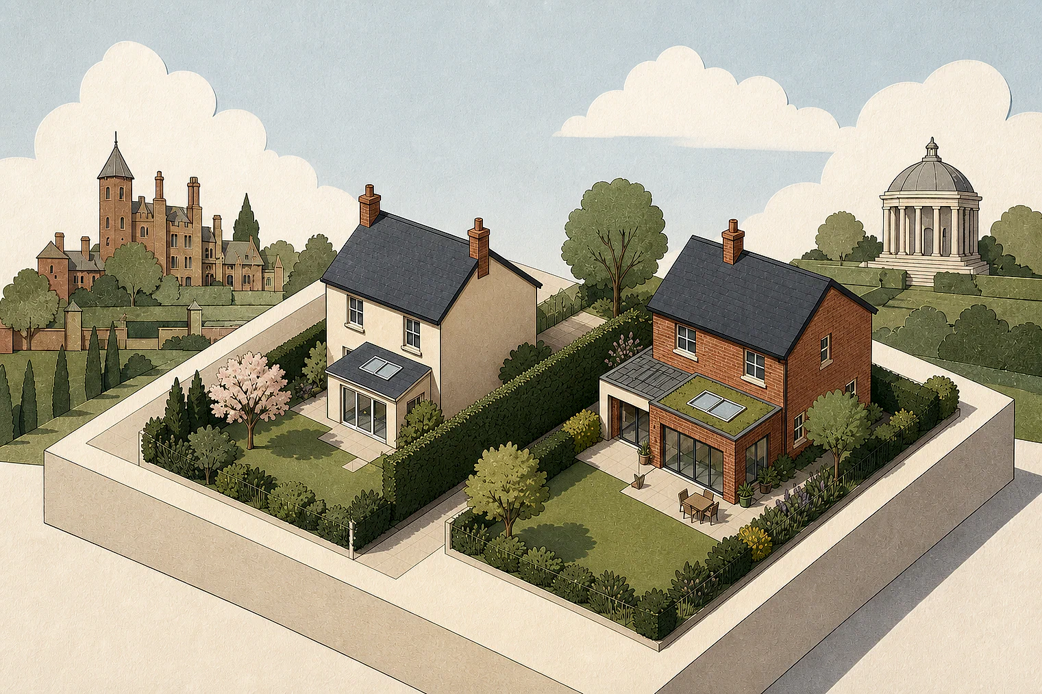 Cut-paper illustration of an imaginary privacy, daylight and neighbour living conditions planning issue in Tunbridge Wells, with simplified local landmarks.