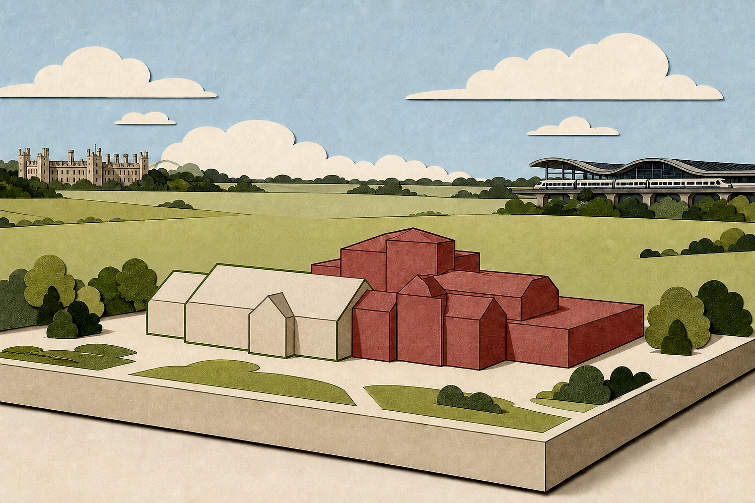 Cut-paper illustration of an imaginary building scale and Green Belt openness planning issue in Uttlesford, with simplified local landmarks.