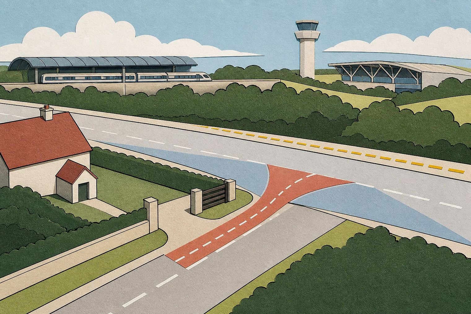 Cut-paper illustration of an imaginary access, visibility and highway safety planning issue in Uttlesford, with simplified local landmarks.