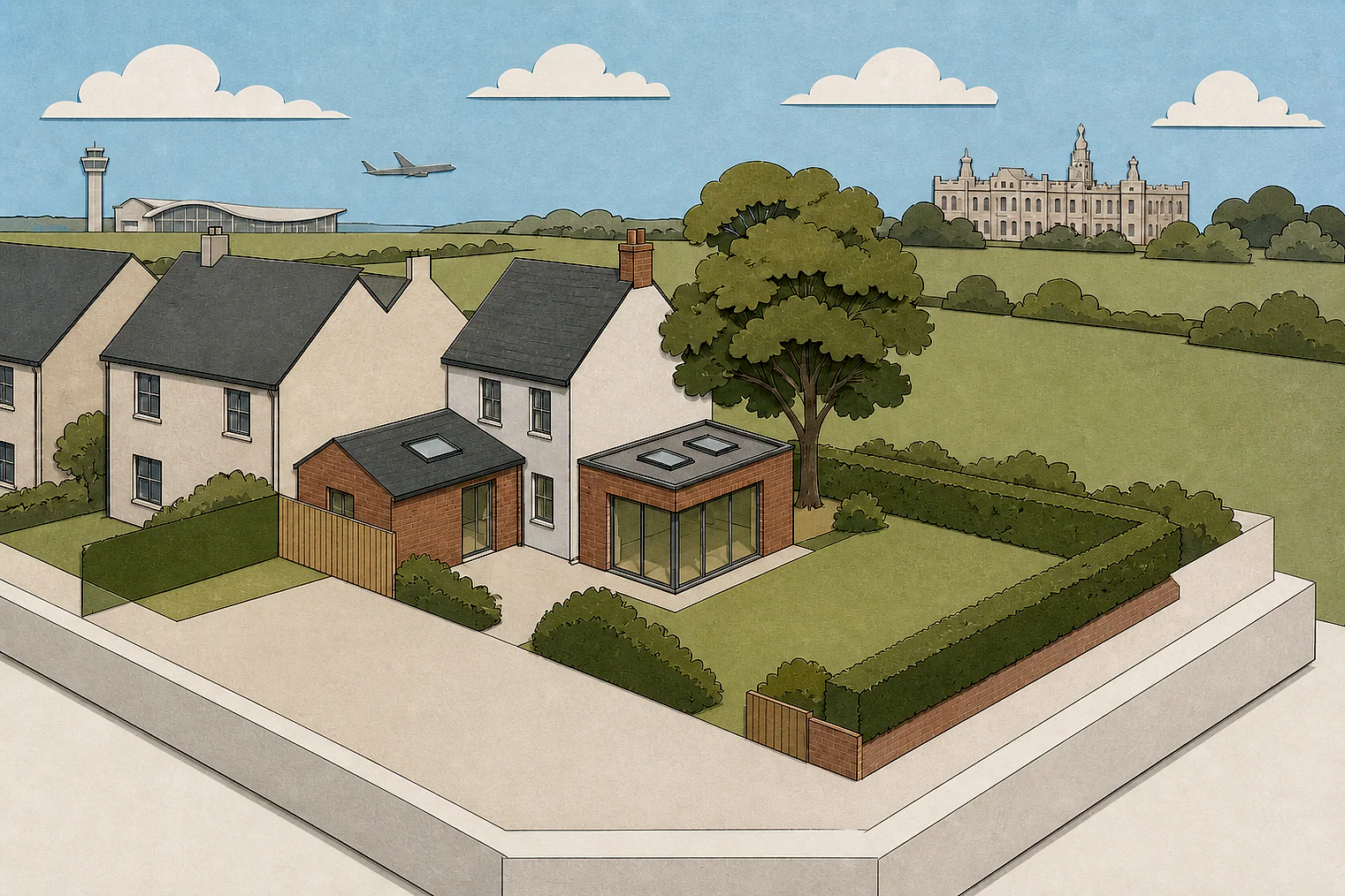 Cut-paper planning illustration for Uttlesford, showing extensions, neighbours, access and open land near simplified local landmarks.
