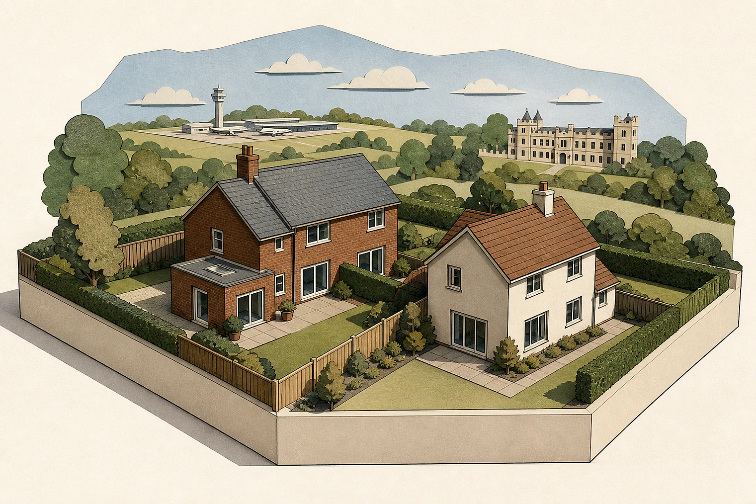 Cut-paper illustration of an imaginary privacy, daylight and neighbour living conditions planning issue in Uttlesford, with simplified local landmarks.