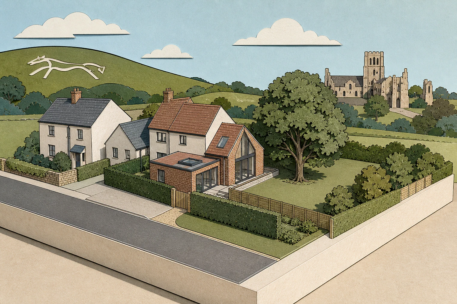 Cut-paper planning illustration for Vale of White Horse, showing extensions, neighbours, access and open land near simplified local landmarks.