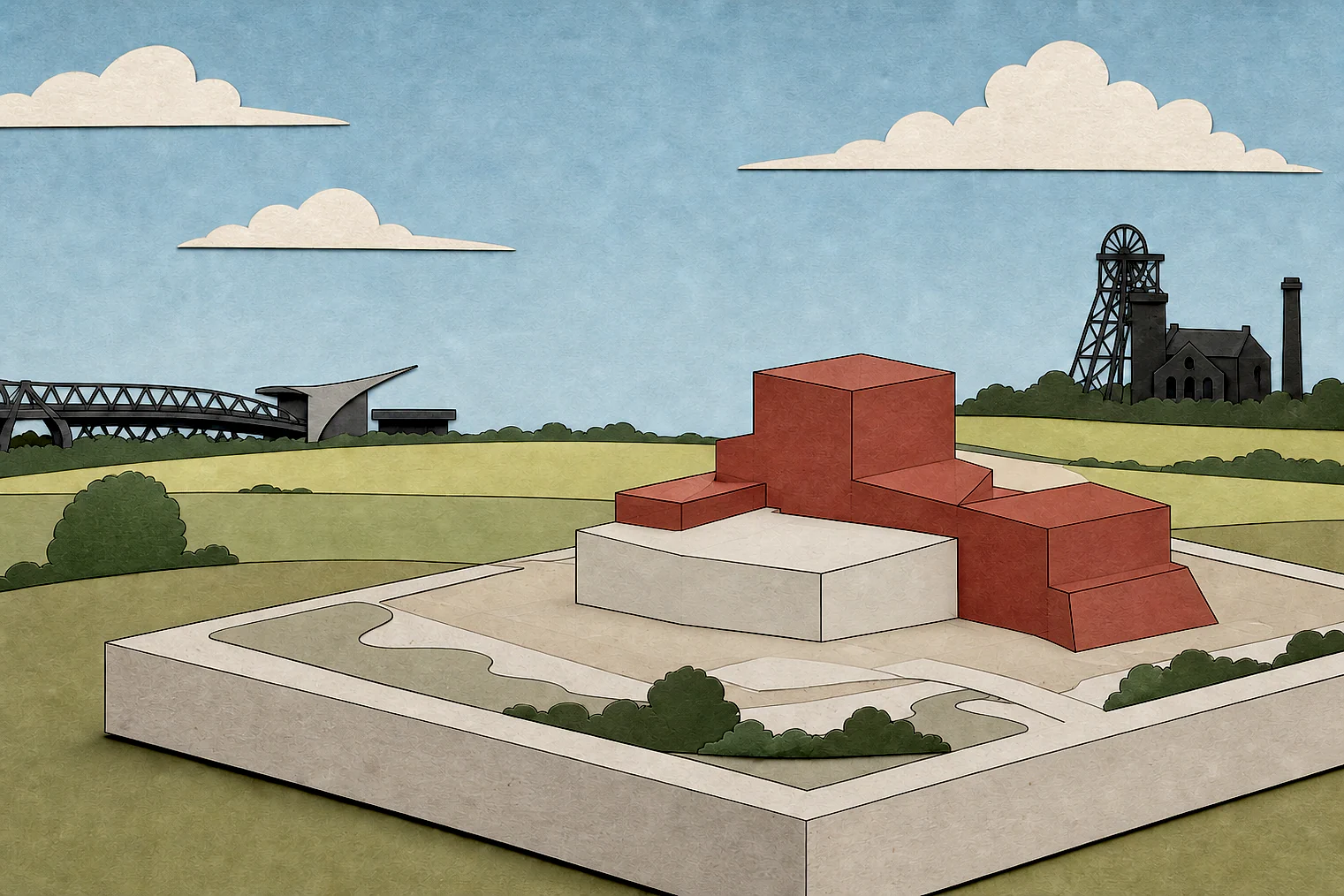 Cut-paper illustration of an imaginary building scale and Green Belt openness planning issue in Wakefield Metropolitan, with simplified local landmarks.