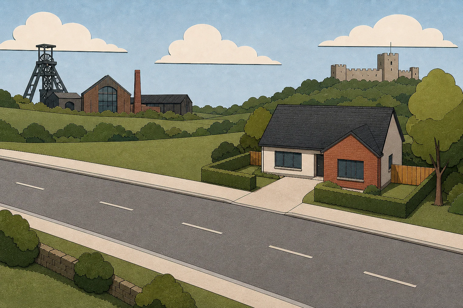 Cut-paper illustration of an imaginary access, visibility and highway safety planning issue in Wakefield Metropolitan, with simplified local landmarks.