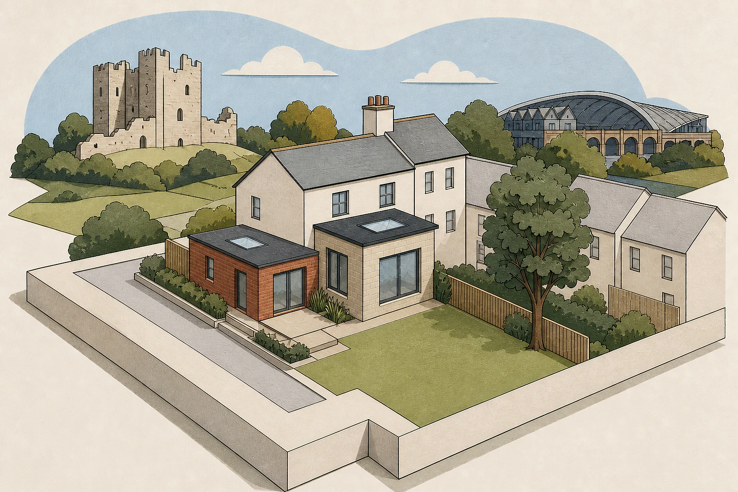 Cut-paper planning illustration for Wakefield Metropolitan, showing extensions, neighbours, access and open land near simplified local landmarks.