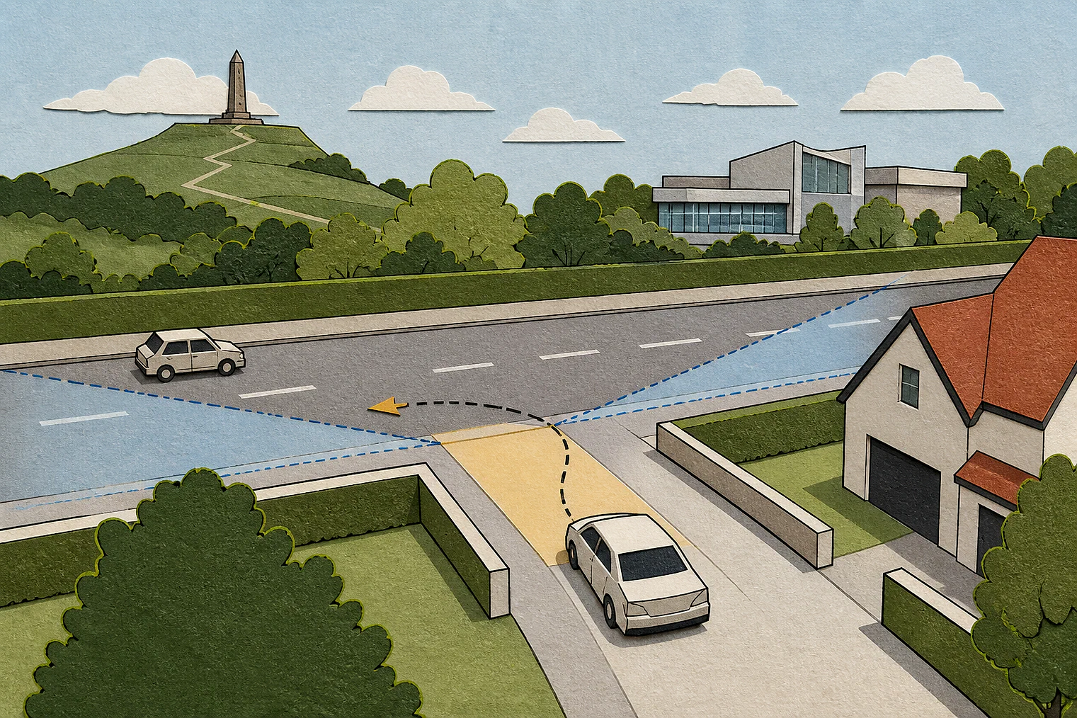 Cut-paper illustration of an imaginary access, visibility and highway safety planning issue in Walsall Metropolitan, with simplified local landmarks.