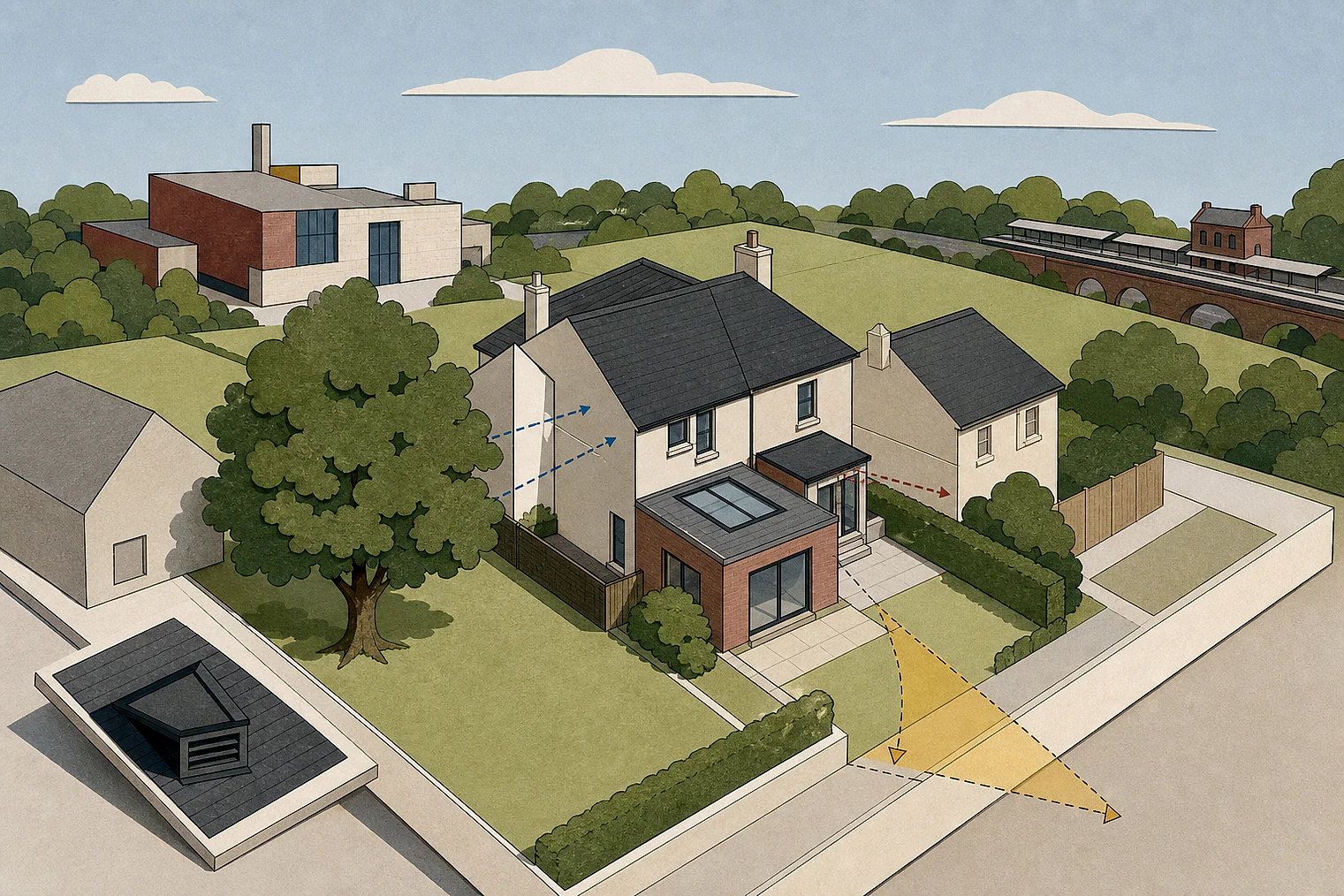 Cut-paper planning illustration for Walsall Metropolitan, showing extensions, neighbours, access and open land near simplified local landmarks.