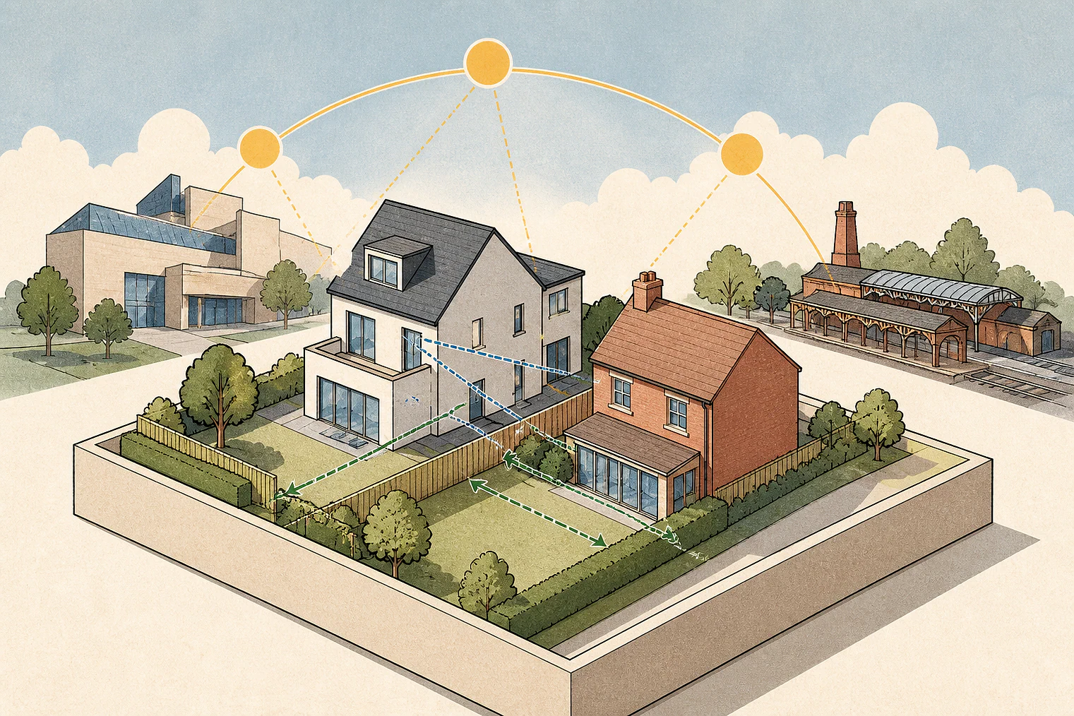 Cut-paper illustration of an imaginary privacy, daylight and neighbour living conditions planning issue in Walsall Metropolitan, with simplified local landmarks.