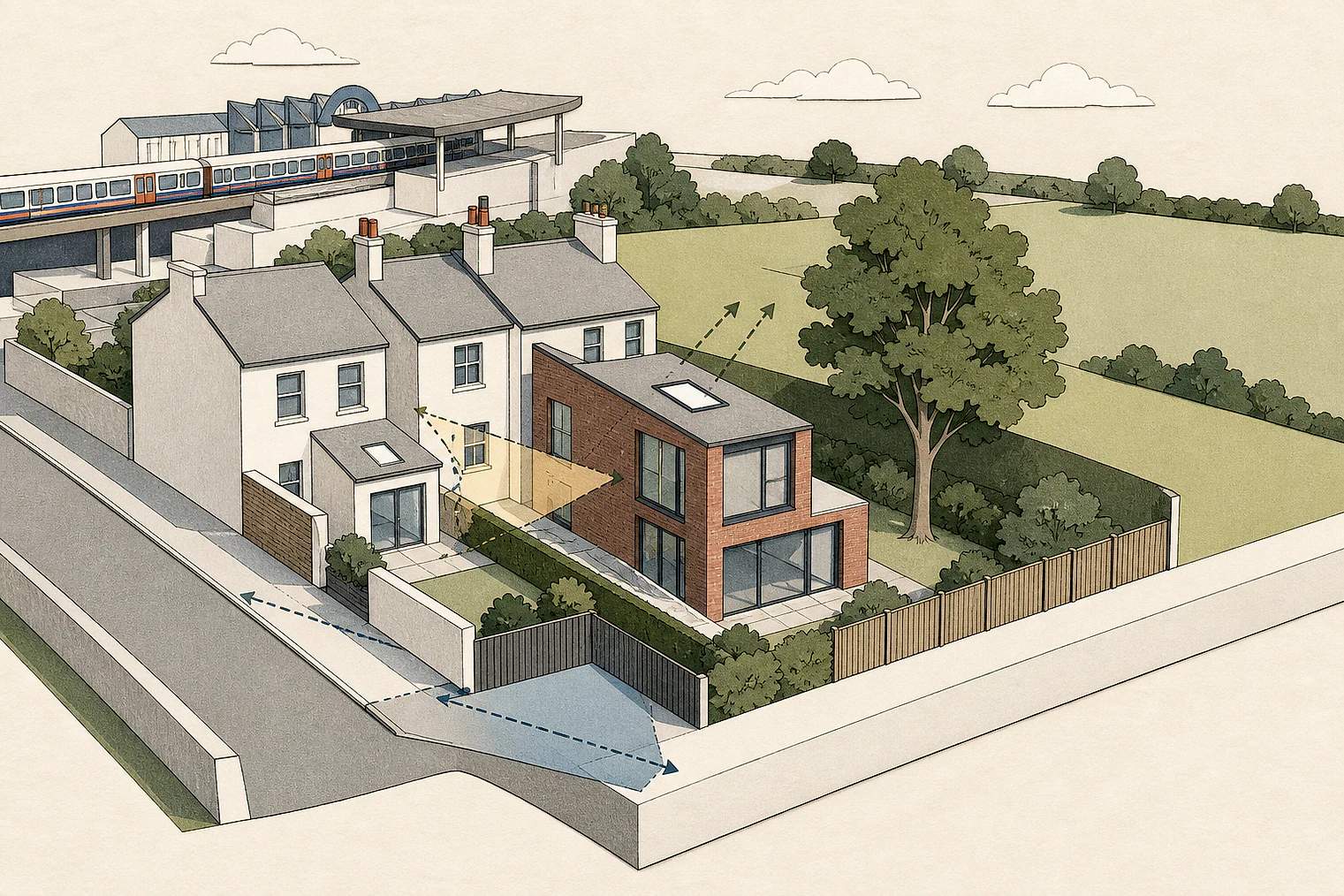 Cut-paper planning illustration for Waltham Forest, showing extensions, neighbours, access and open land near simplified local landmarks.