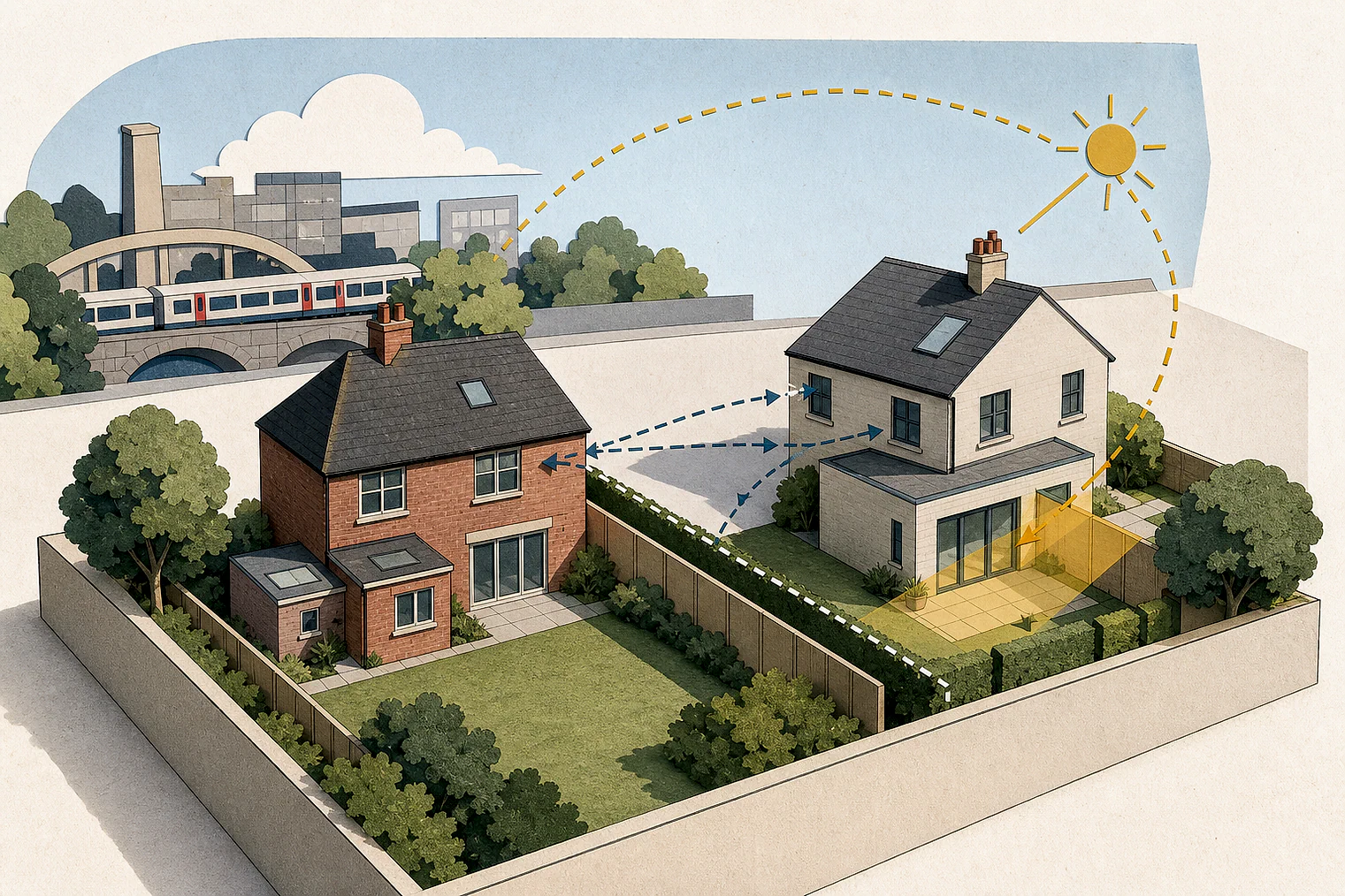 Cut-paper illustration of an imaginary privacy, daylight and neighbour living conditions planning issue in Waltham Forest, with simplified local landmarks.