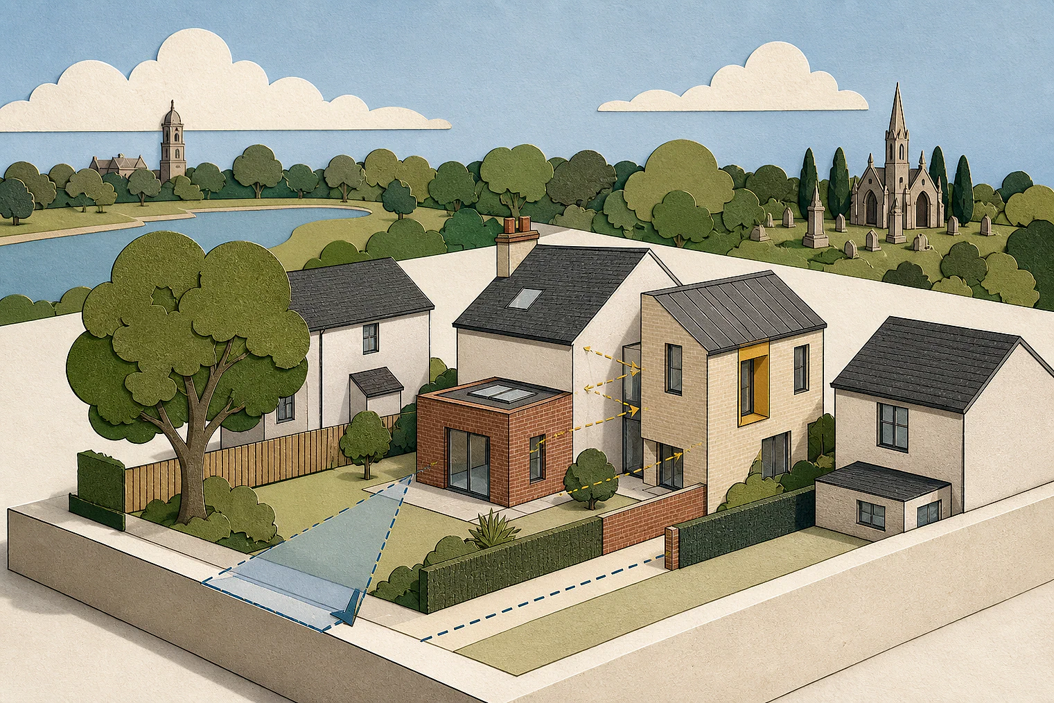 Cut-paper planning illustration for Wandsworth, showing extensions, neighbours, access and open land near simplified local landmarks.