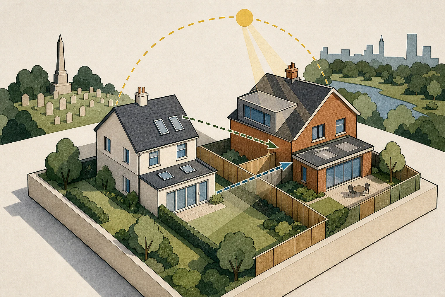 Cut-paper illustration of an imaginary privacy, daylight and neighbour living conditions planning issue in Wandsworth, with simplified local landmarks.