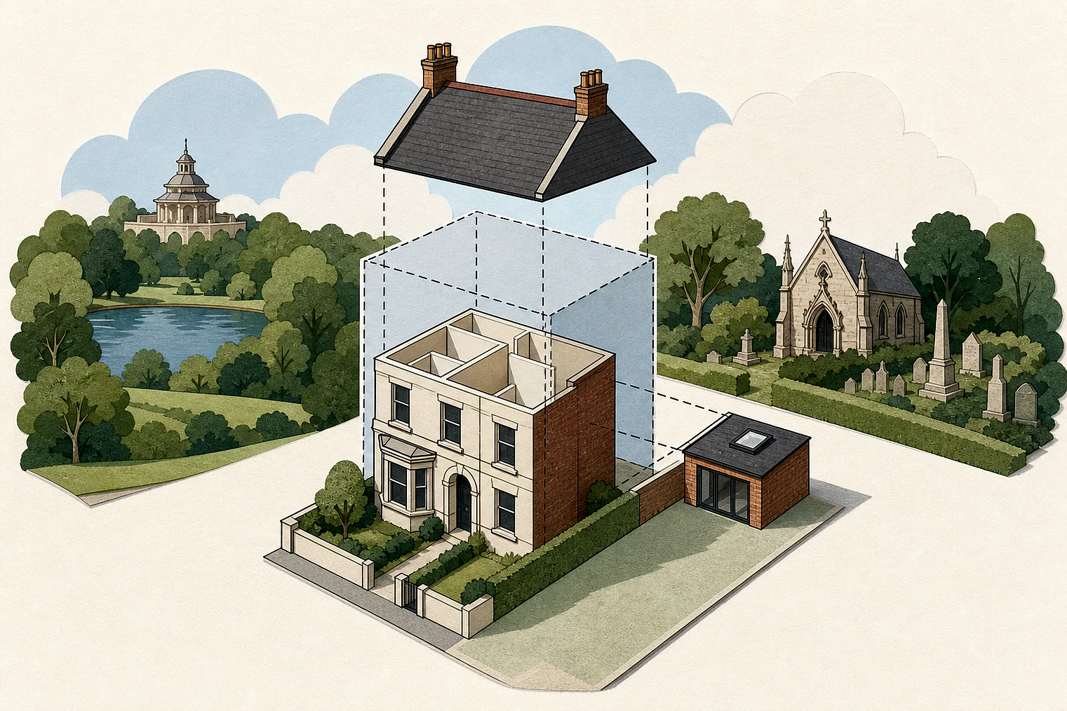 Cut-paper illustration of an imaginary permitted development dimensions and building relationships planning issue in Wandsworth, with simplified local landmarks.
