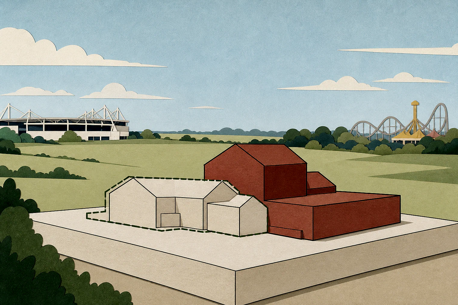Cut-paper illustration of an imaginary building scale and Green Belt openness planning issue in Warrington, with simplified local landmarks.