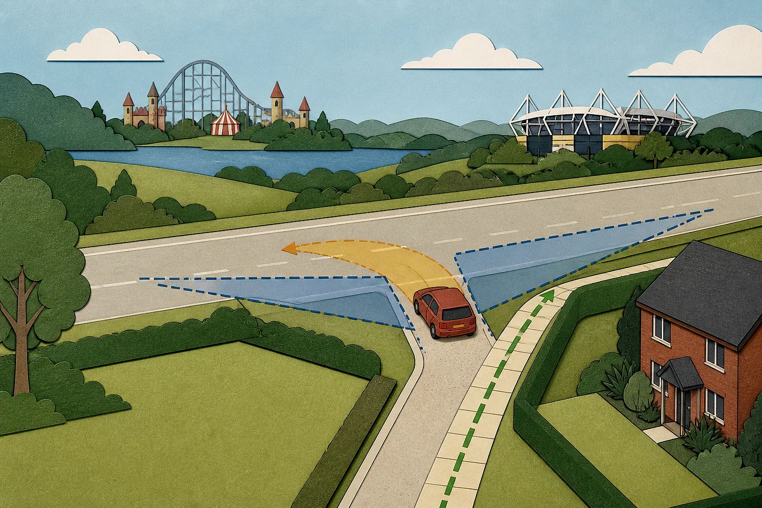 Cut-paper illustration of an imaginary access, visibility and highway safety planning issue in Warrington, with simplified local landmarks.