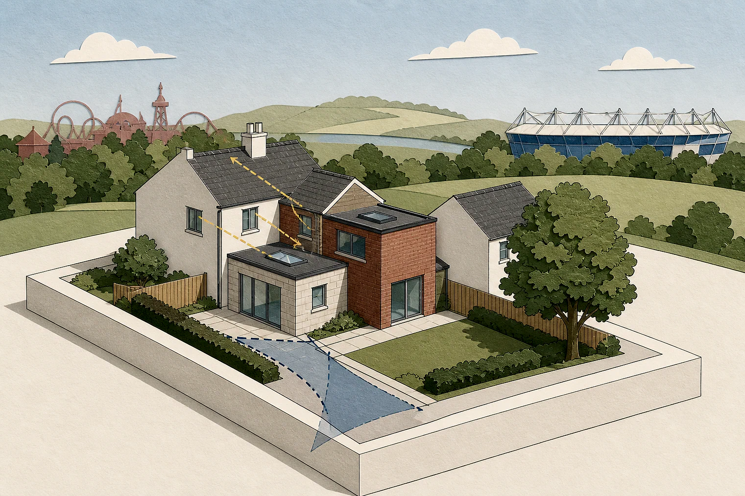 Cut-paper planning illustration for Warrington, showing extensions, neighbours, access and open land near simplified local landmarks.