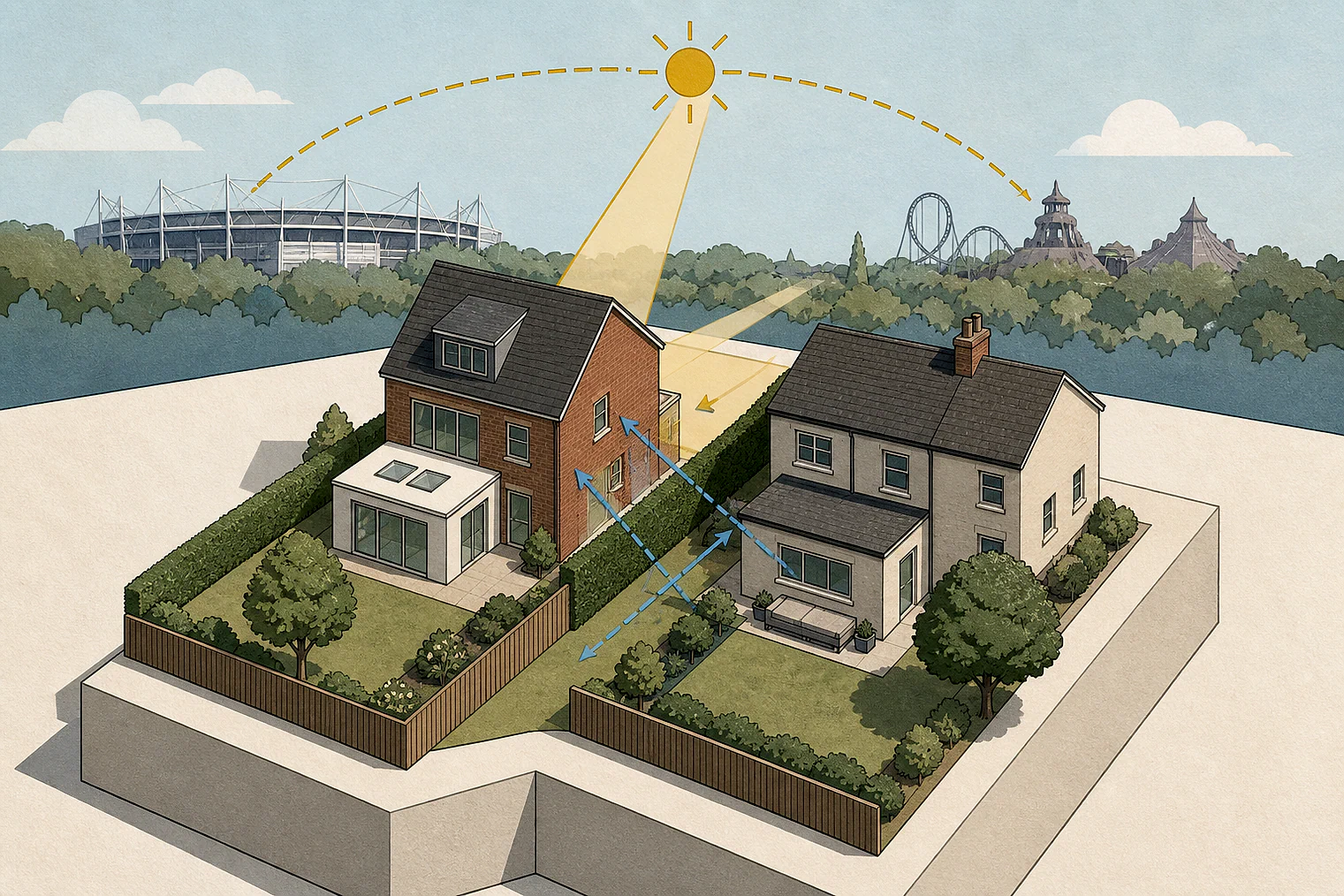 Cut-paper illustration of an imaginary privacy, daylight and neighbour living conditions planning issue in Warrington, with simplified local landmarks.